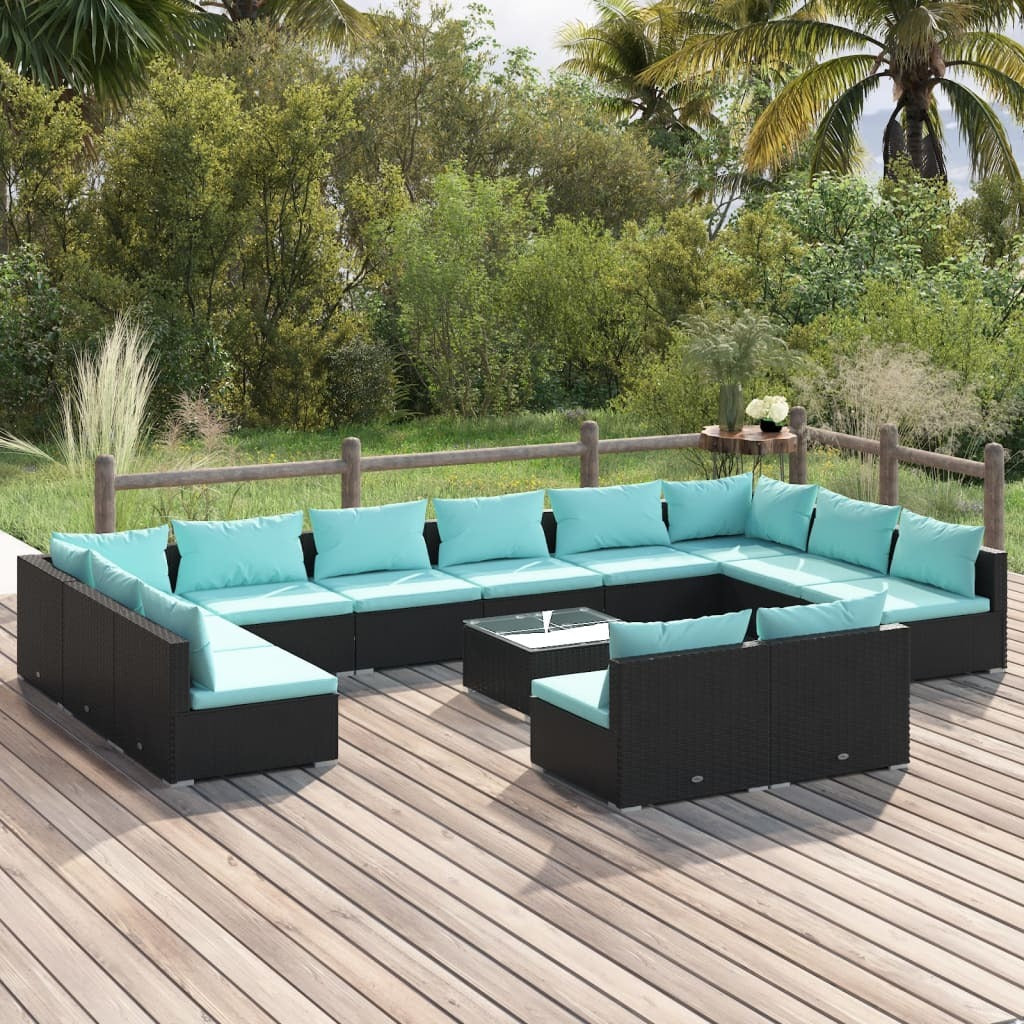 13 Piece Patio Lounge Set with Cushions Black Poly Rattan