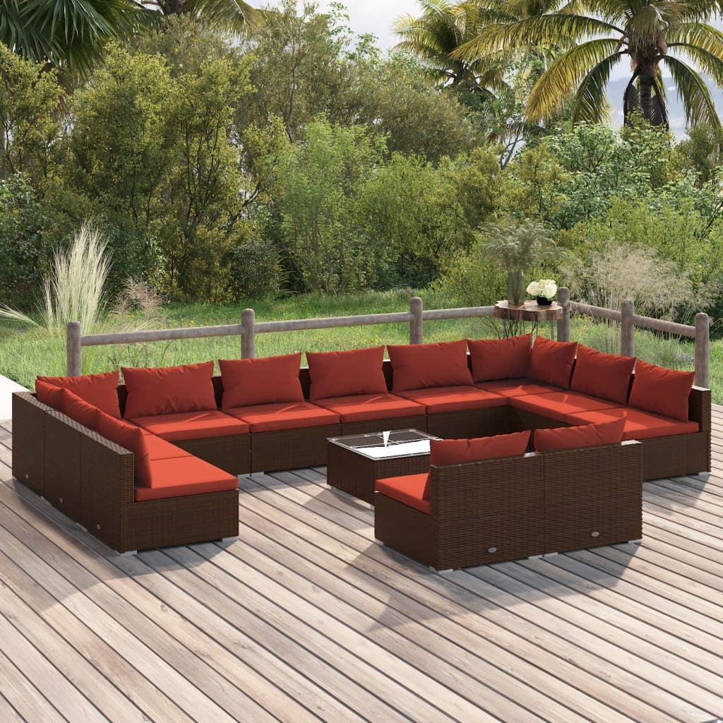 13 Piece Patio Lounge Set with Cushions Brown Poly Rattan