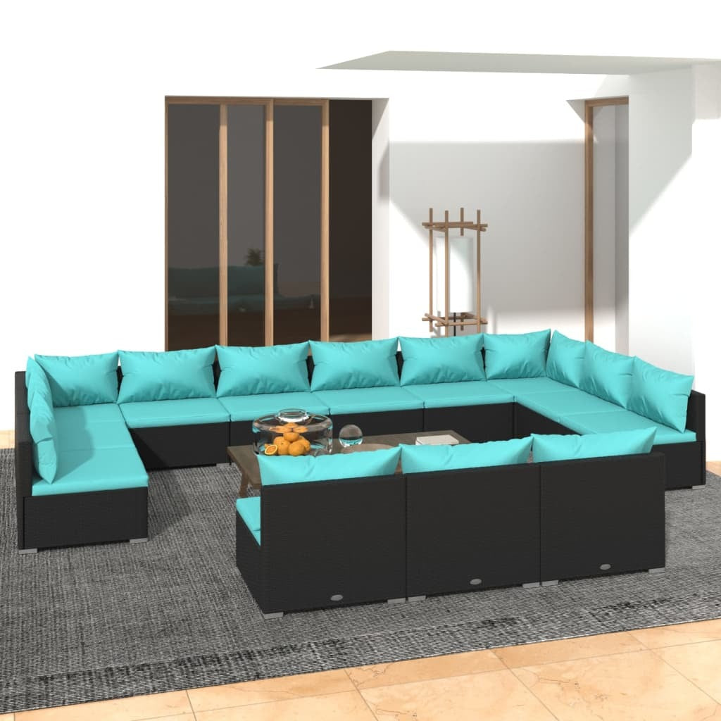 13 Piece Patio Lounge Set with Cushions Black Poly Rattan
