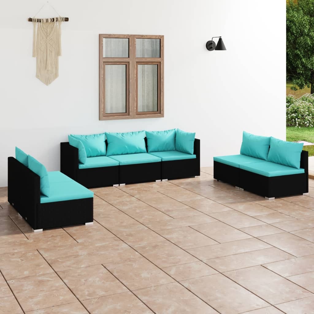 7 Piece Patio Lounge Set with Cushions Poly Rattan Black