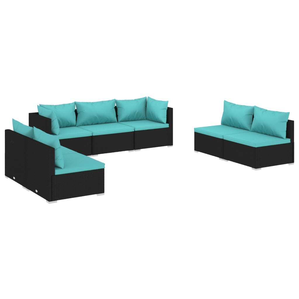 7 Piece Patio Lounge Set with Cushions Poly Rattan Black
