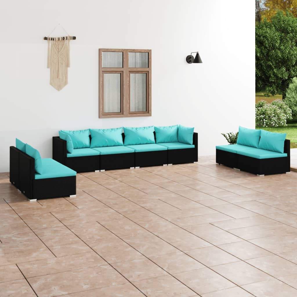 8 Piece Patio Lounge Set with Cushions Poly Rattan Black