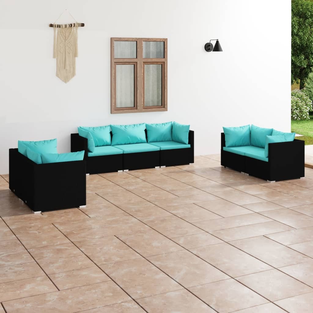 7 Piece Patio Lounge Set with Cushions Poly Rattan Black