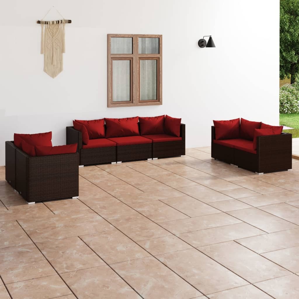 7 Piece Patio Lounge Set with Cushions Poly Rattan Brown