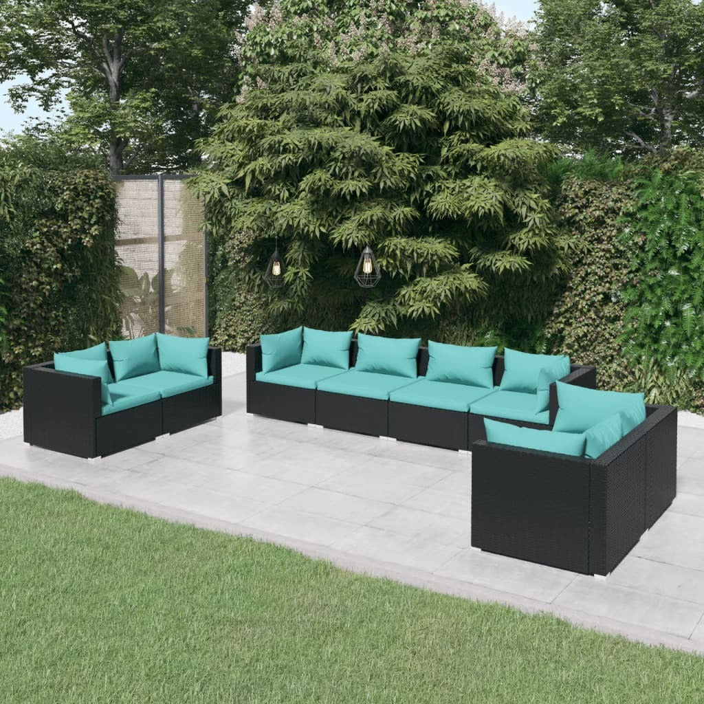 8 Piece Patio Lounge Set with Cushions Poly Rattan Black