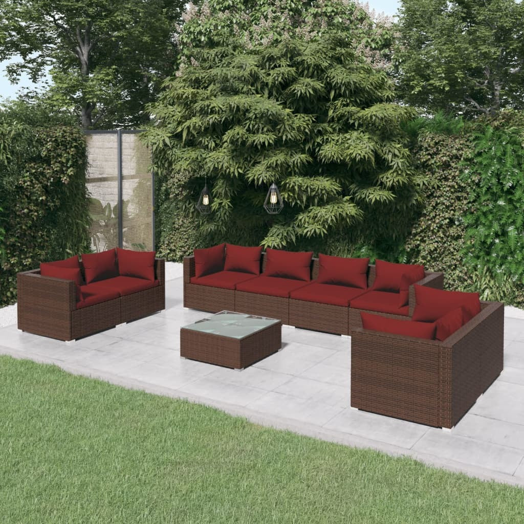 9 Piece Patio Lounge Set with Cushions Poly Rattan Brown