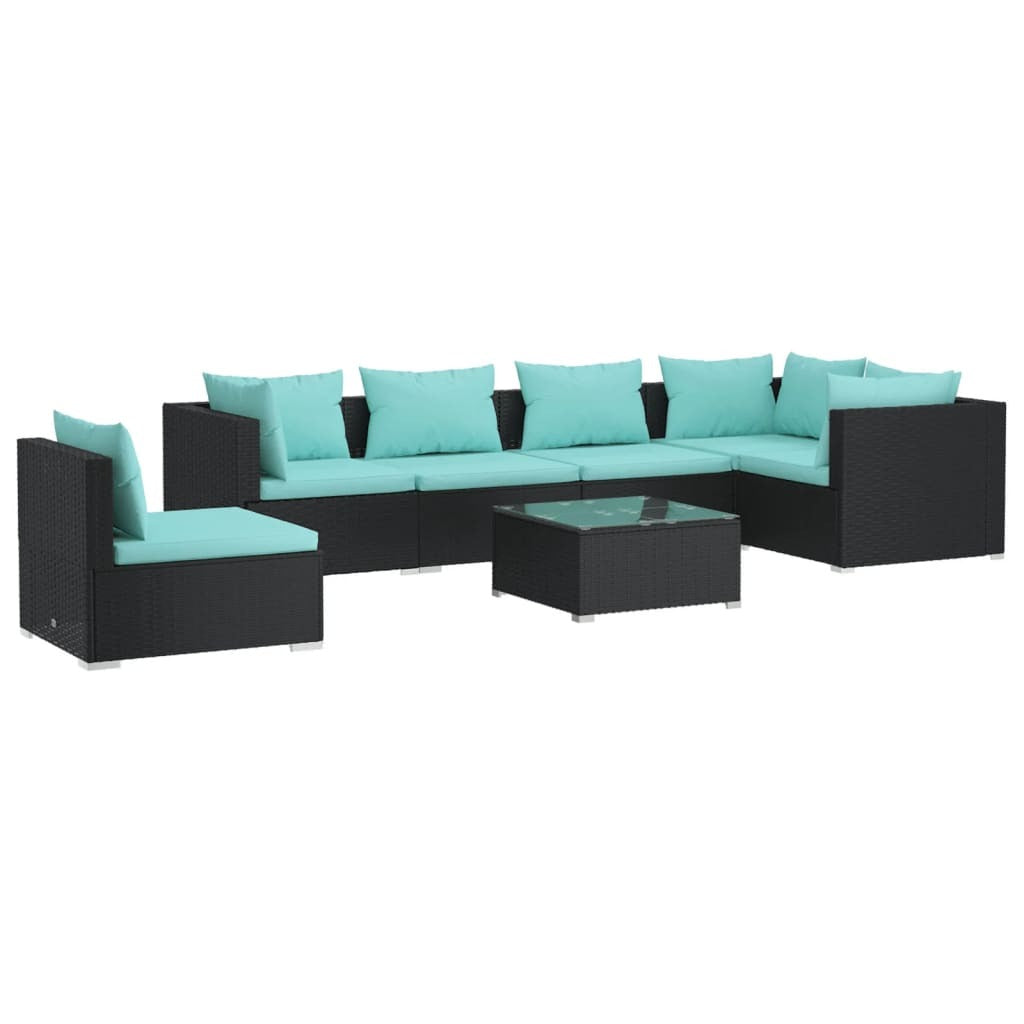 7 Piece Patio Lounge Set with Cushions Poly Rattan Black