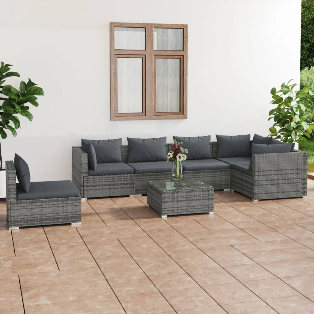 7 Piece Patio Lounge Set with Cushions Poly Rattan Gray