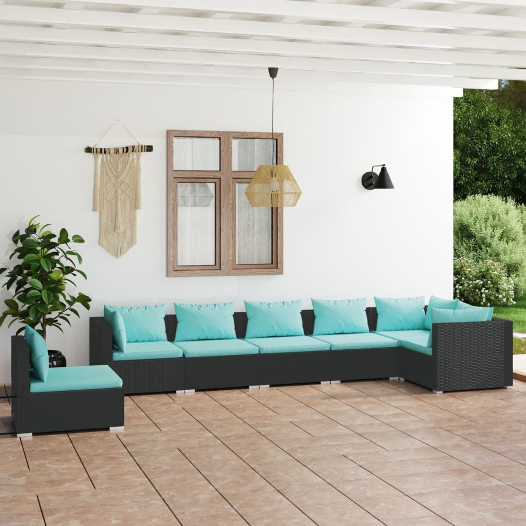 7 Piece Patio Lounge Set with Cushions Poly Rattan Black