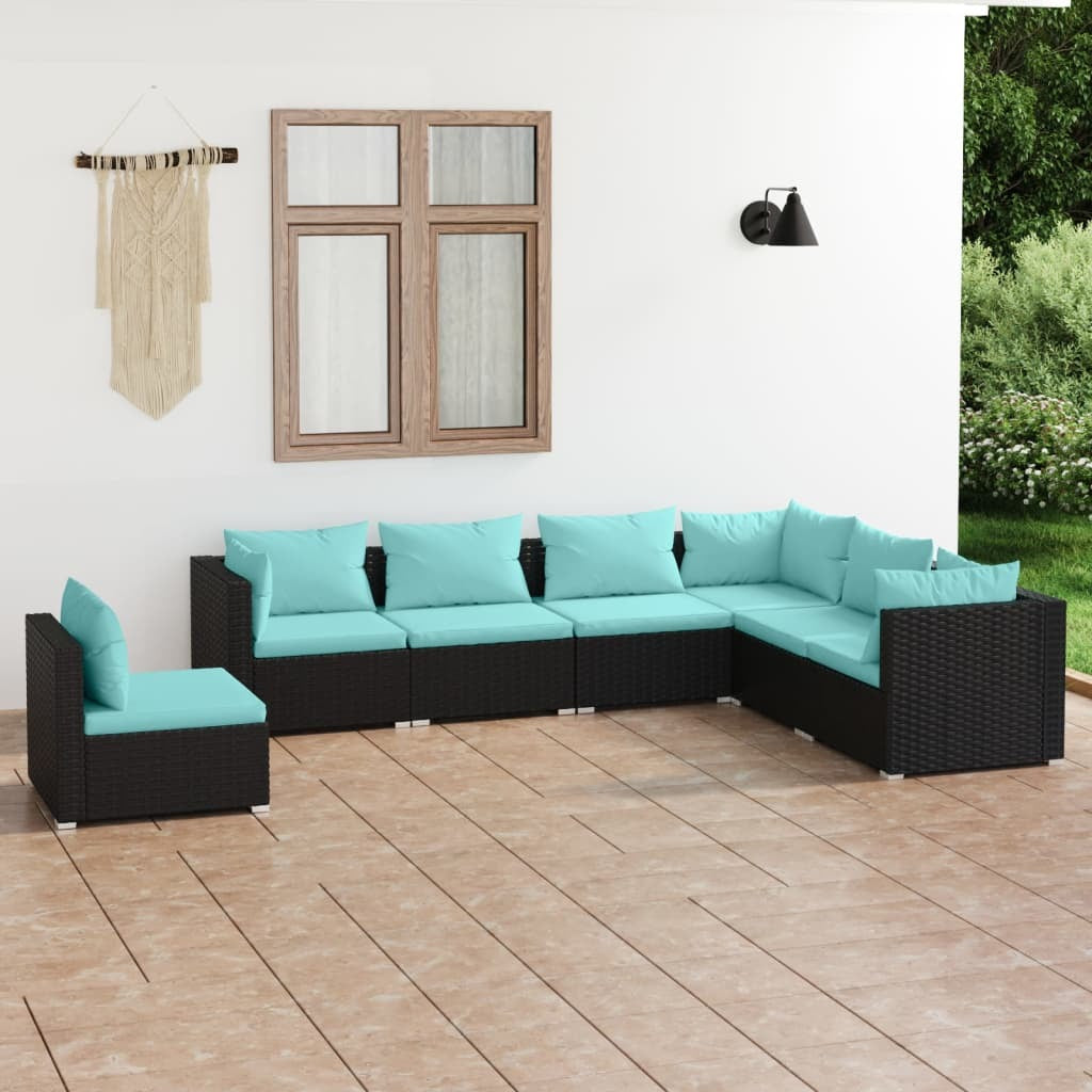 7 Piece Patio Lounge Set with Cushions Poly Rattan Black