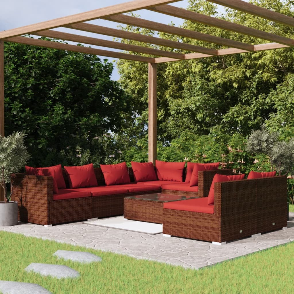 8 Piece Patio Lounge Set with Cushions Brown Poly Rattan