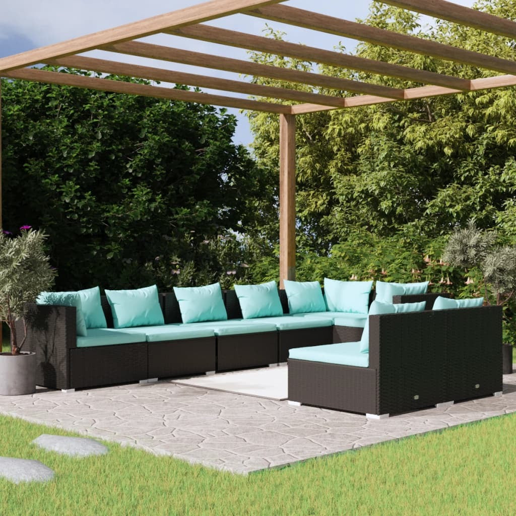 8 Piece Patio Lounge Set with Cushions Black Poly Rattan