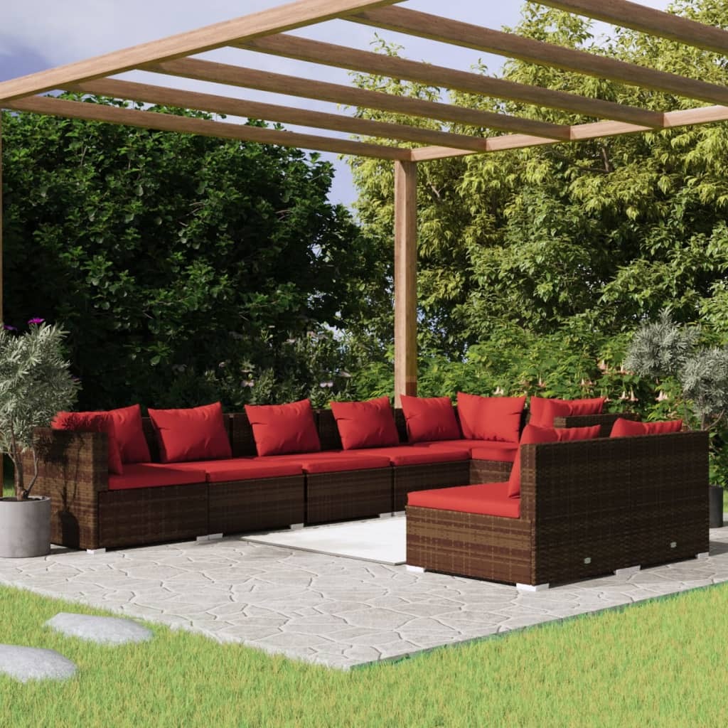 8 Piece Patio Lounge Set with Cushions Brown Poly Rattan