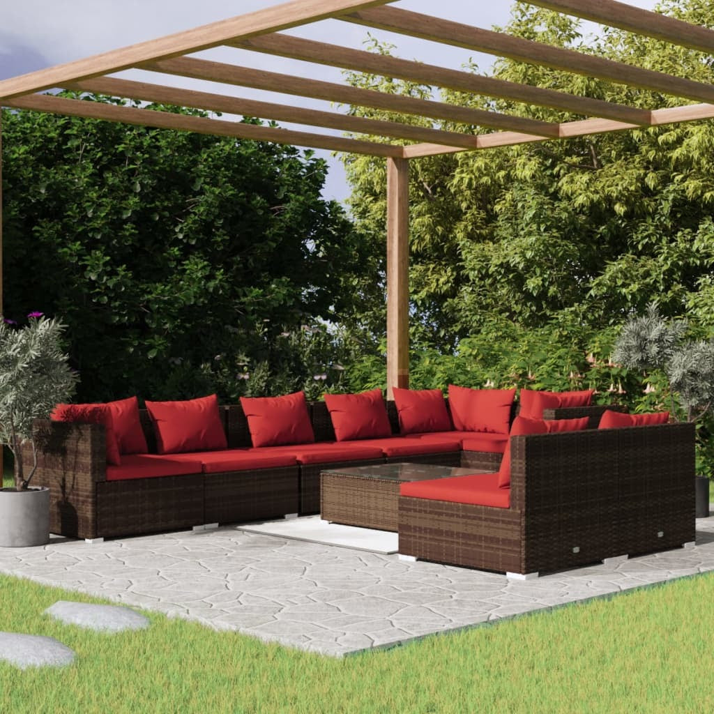 9 Piece Patio Lounge Set with Cushions Brown Poly Rattan