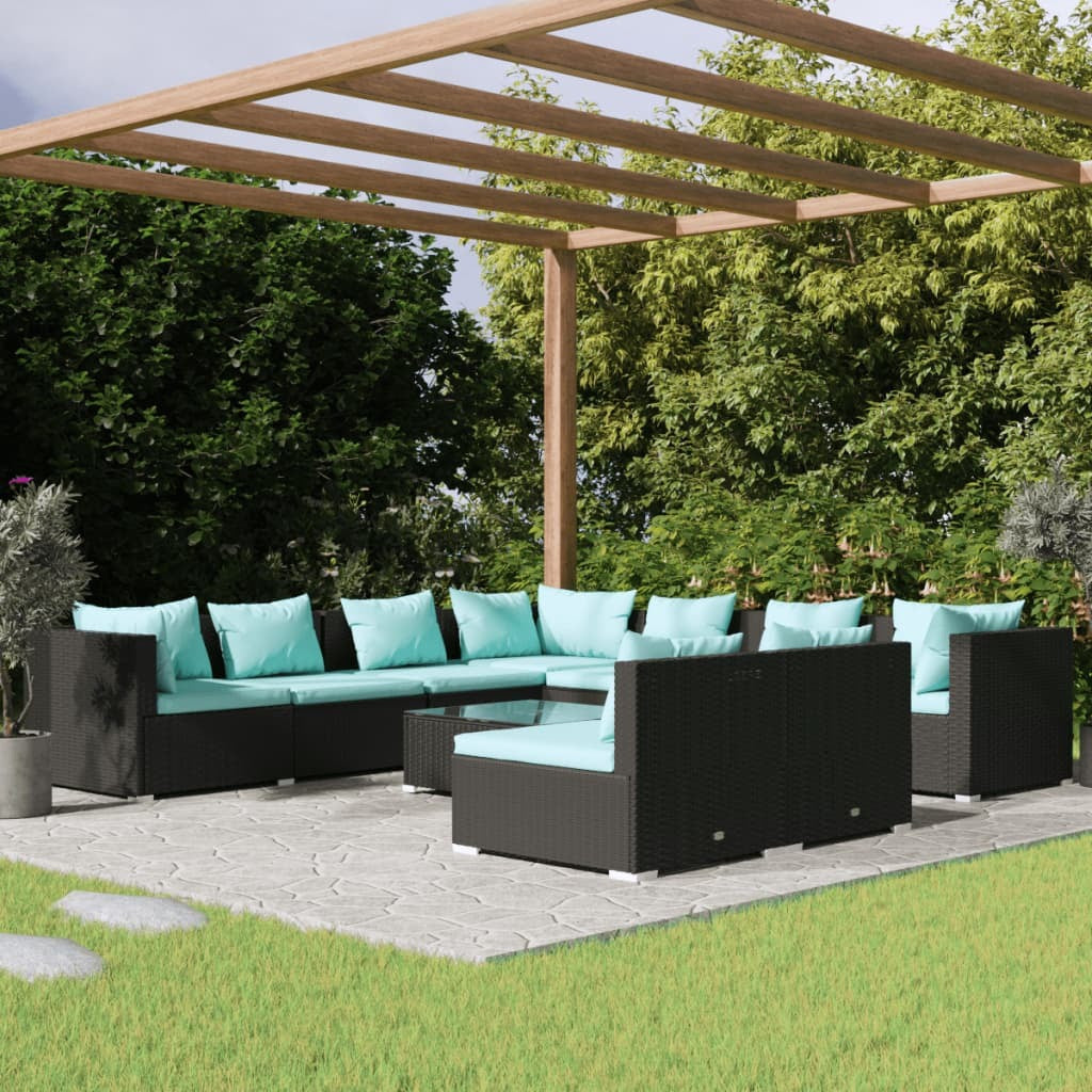 10 Piece Patio Lounge Set with Cushions Black Poly Rattan