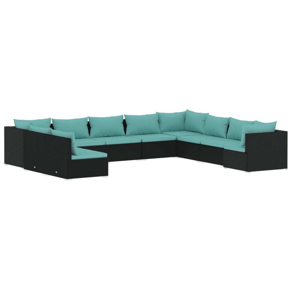 10 Piece Patio Lounge Set with Cushions Black Poly Rattan