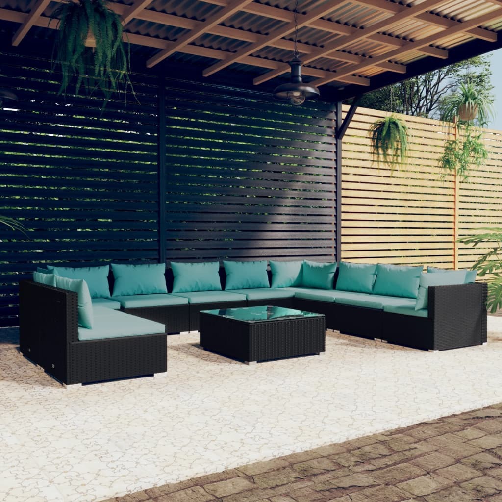 11 Piece Patio Lounge Set with Cushions Black Poly Rattan