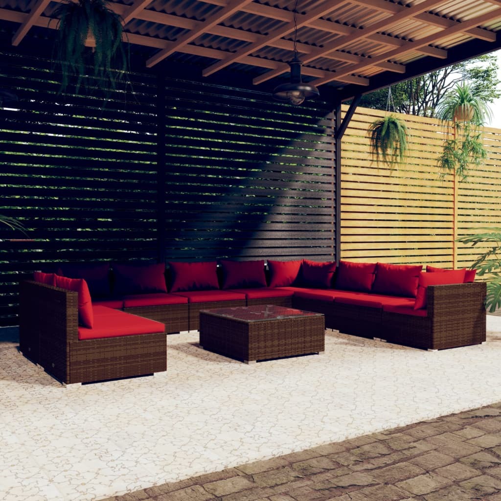 11 Piece Patio Lounge Set with Cushions Brown Poly Rattan
