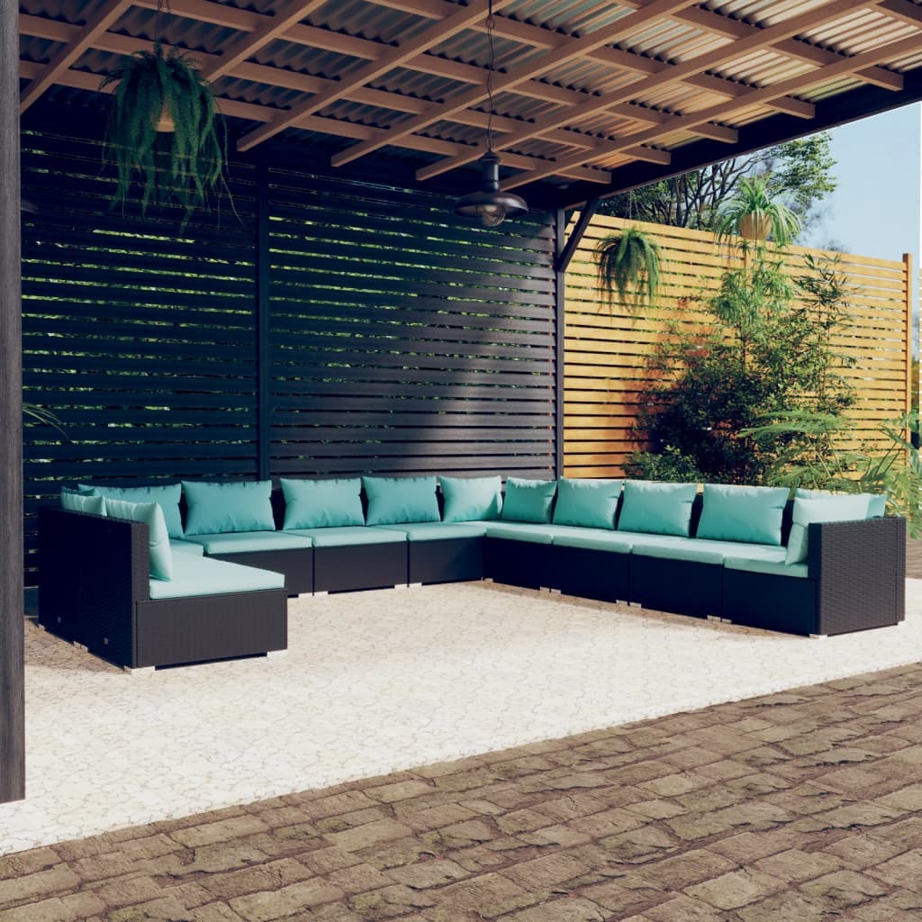 11 Piece Patio Lounge Set with Cushions Black Poly Rattan
