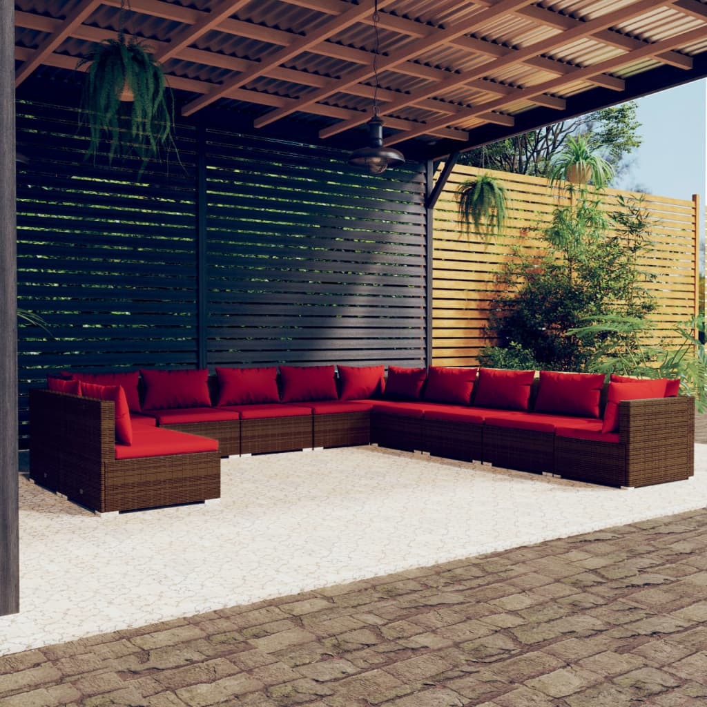 11 Piece Patio Lounge Set with Cushions Brown Poly Rattan