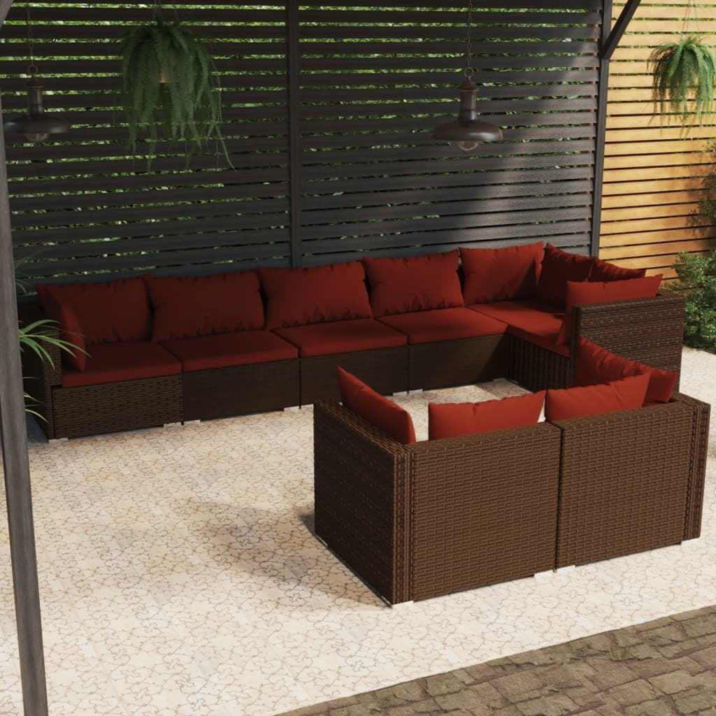 8 Piece Patio Lounge Set with Cushions Brown Poly Rattan