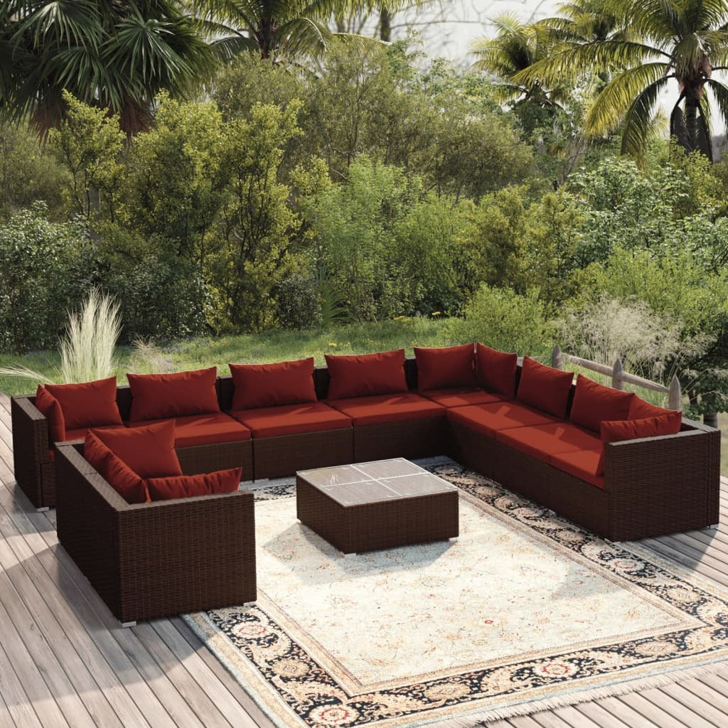 11 Piece Patio Lounge Set with Cushions Brown Poly Rattan