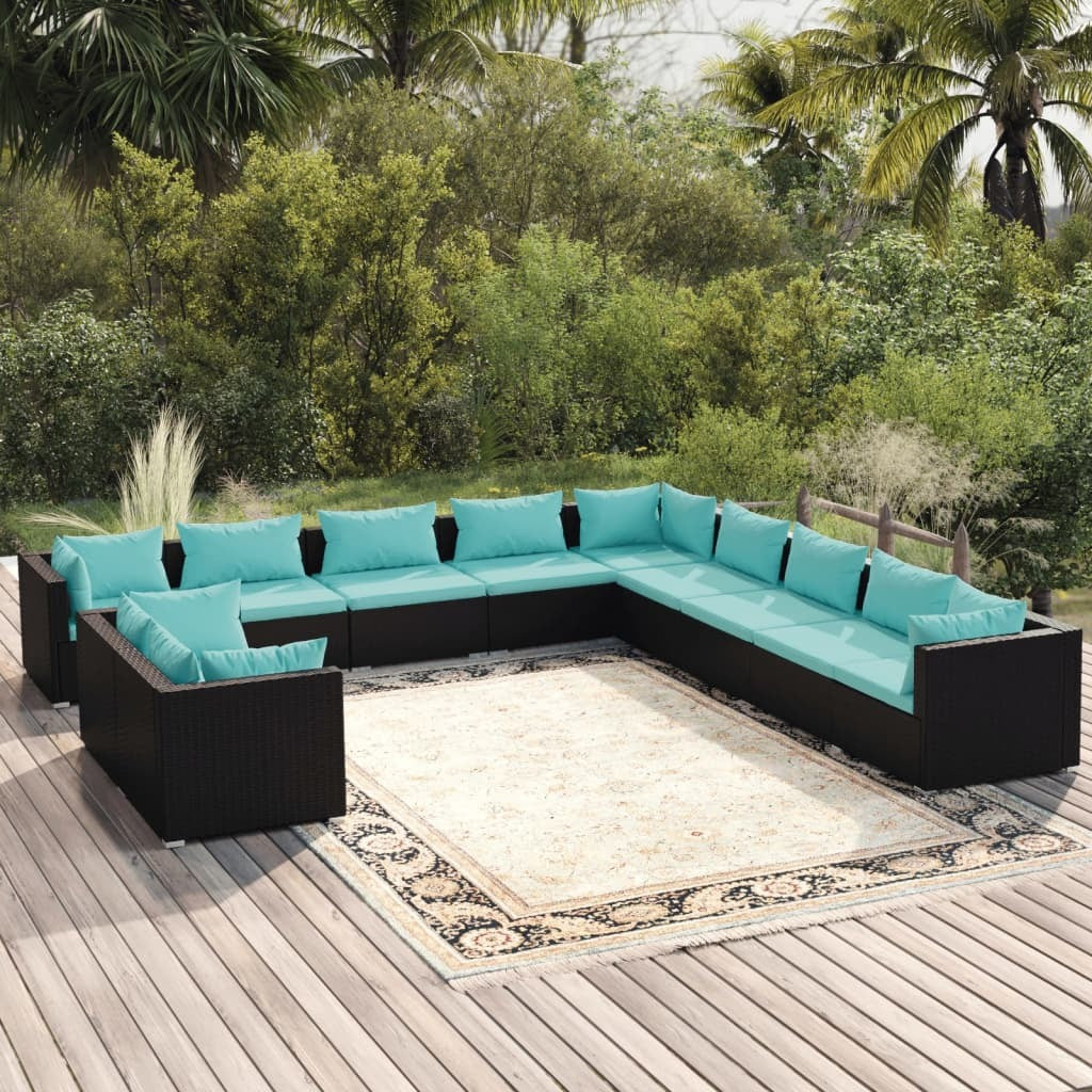 11 Piece Patio Lounge Set with Cushions Black Poly Rattan