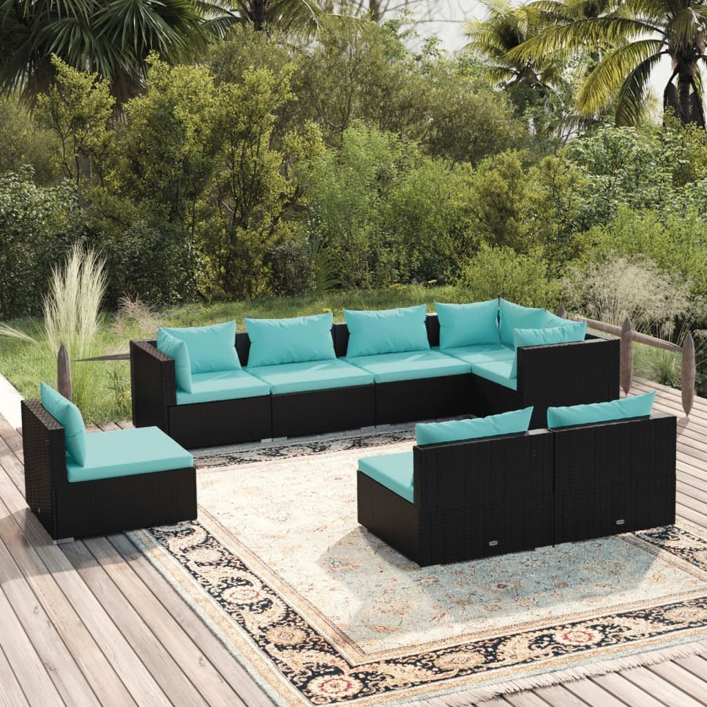 8 Piece Patio Lounge Set with Cushions Poly Rattan Black