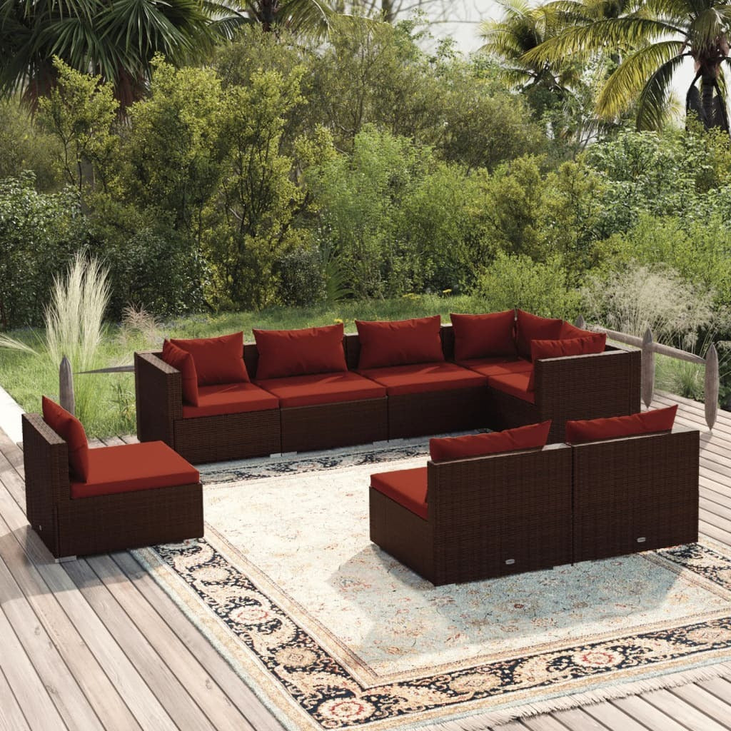8 Piece Patio Lounge Set with Cushions Poly Rattan Brown