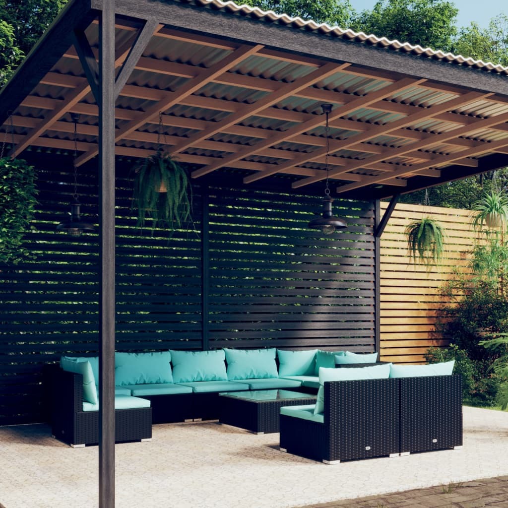 10 Piece Patio Lounge Set with Cushions Poly Rattan Black