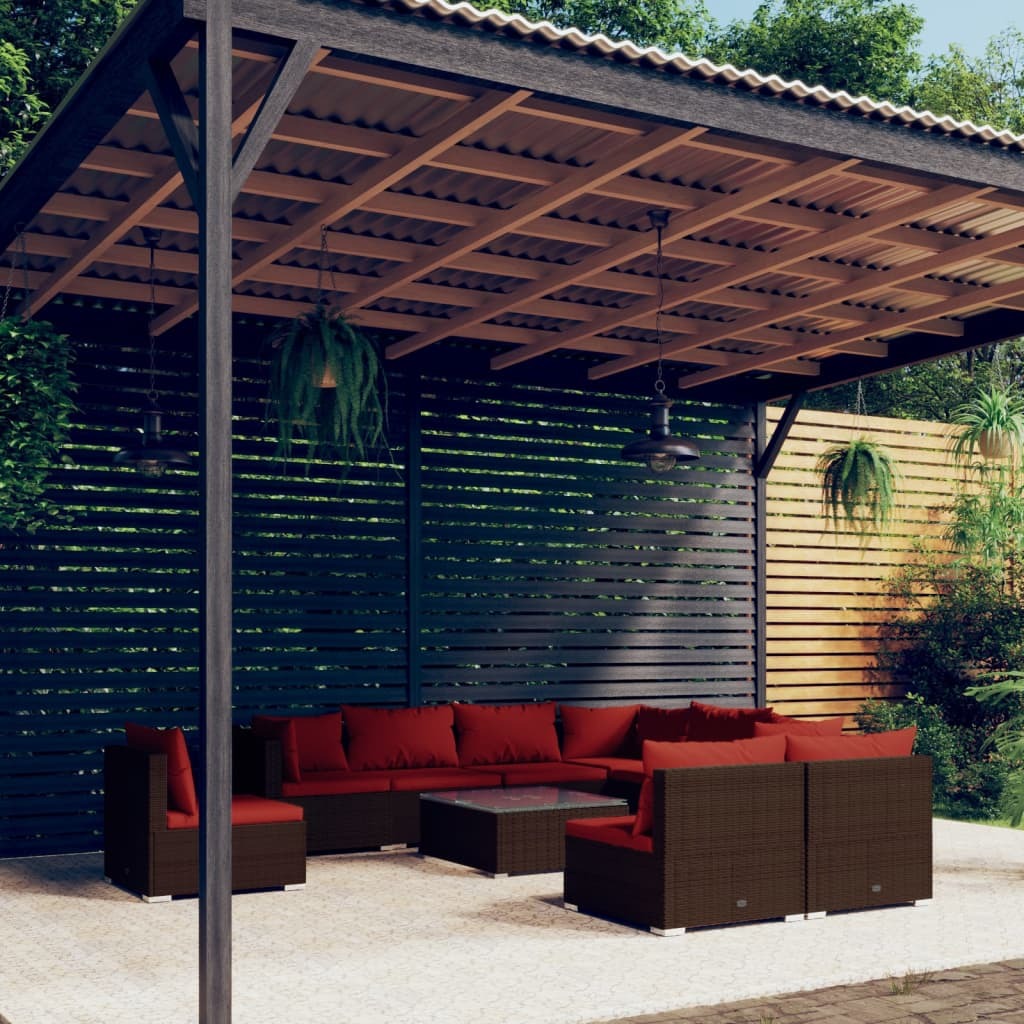 10 Piece Patio Lounge Set with Cushions Poly Rattan Brown