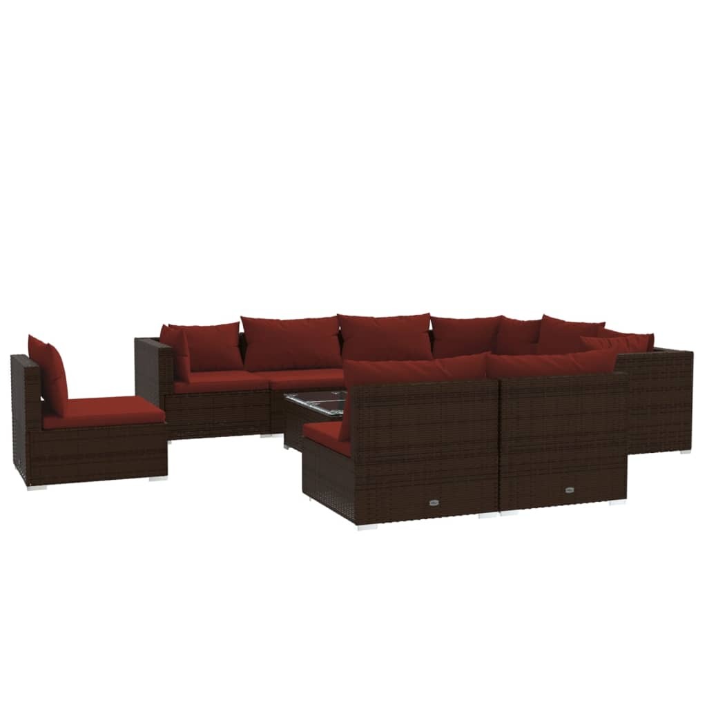 10 Piece Patio Lounge Set with Cushions Poly Rattan Brown