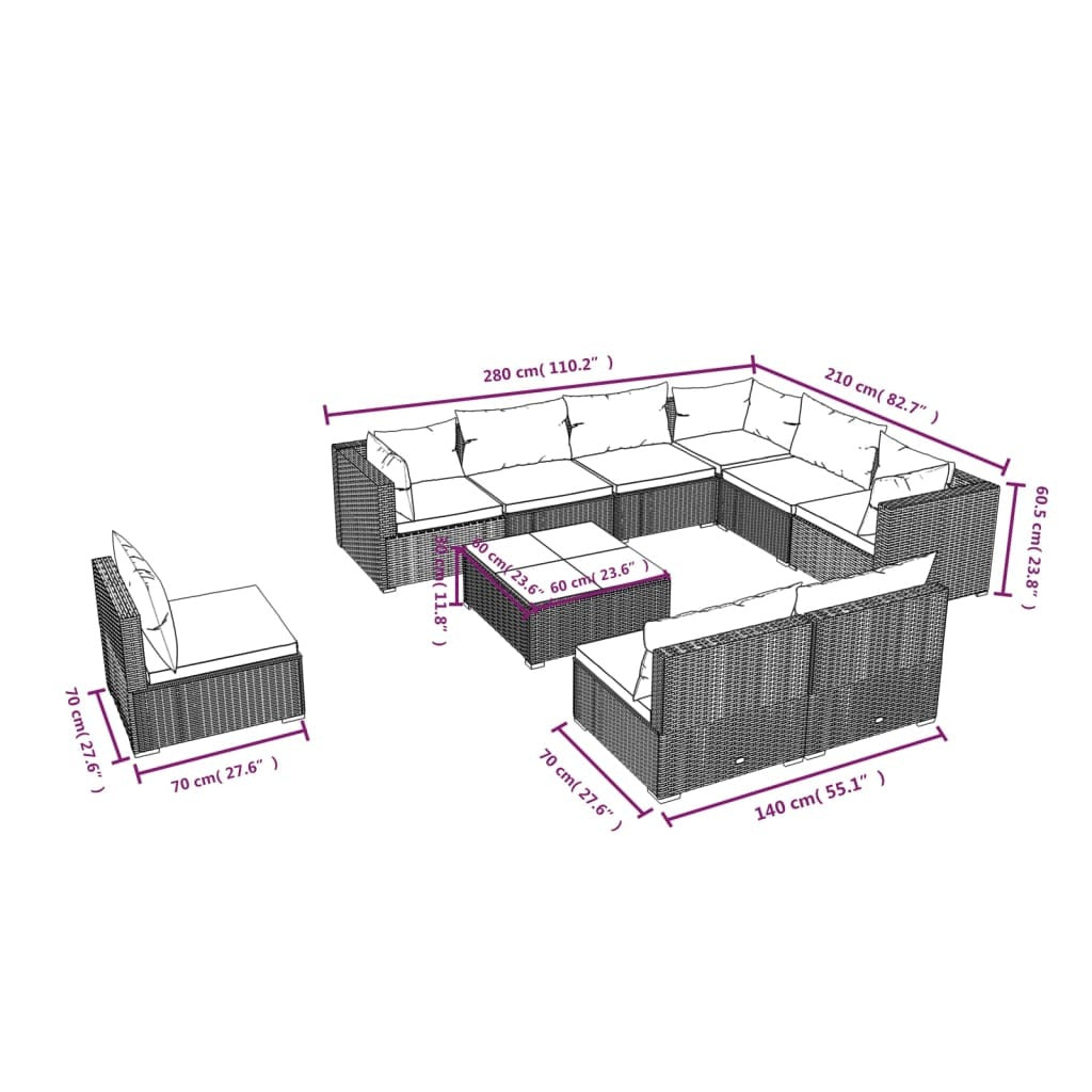 10 Piece Patio Lounge Set with Cushions Poly Rattan Brown