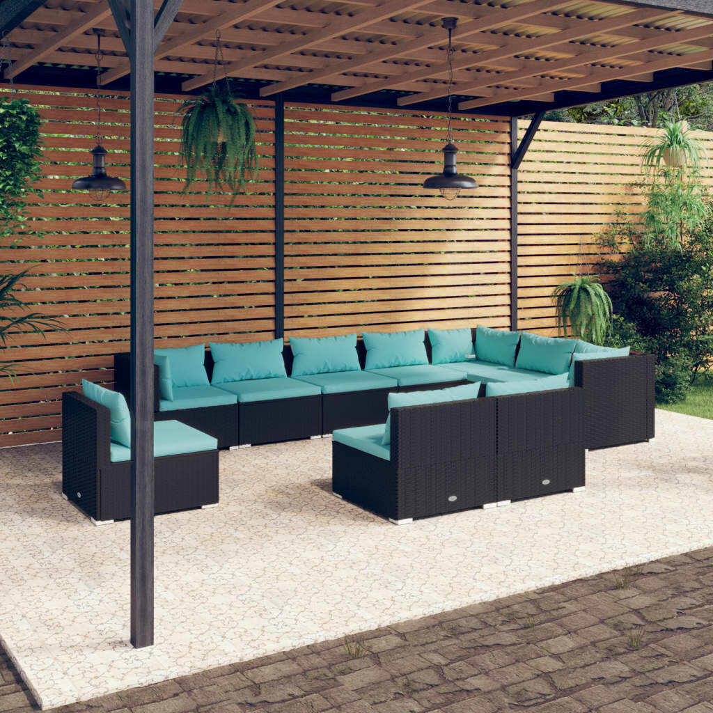 10 Piece Patio Lounge Set with Cushions Poly Rattan Black