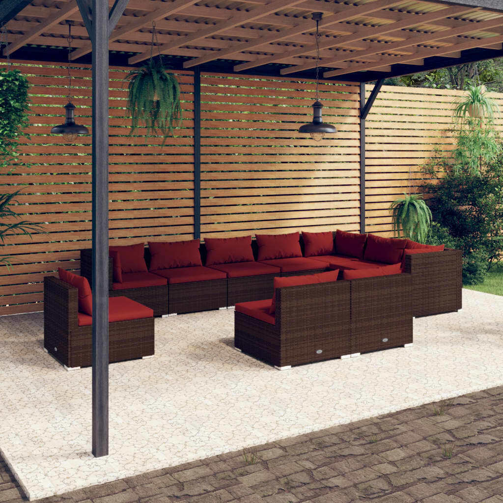 10 Piece Patio Lounge Set with Cushions Poly Rattan Brown