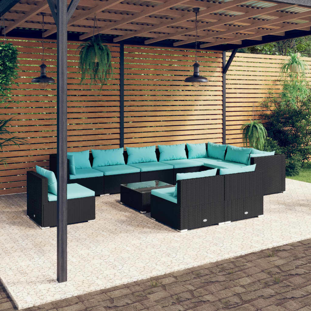 11 Piece Patio Lounge Set with Cushions Poly Rattan Black