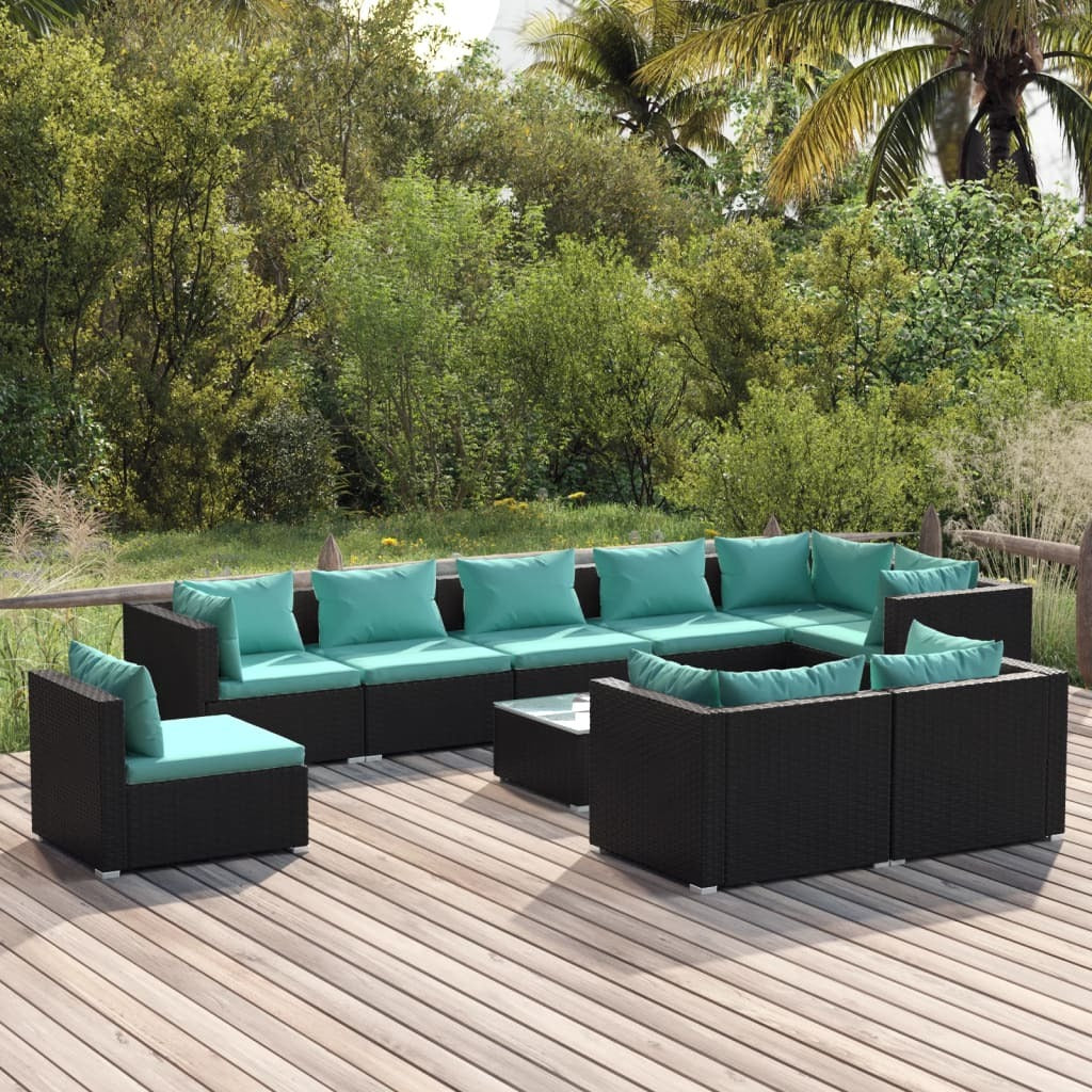 10 Piece Patio Lounge Set with Cushions Poly Rattan Black