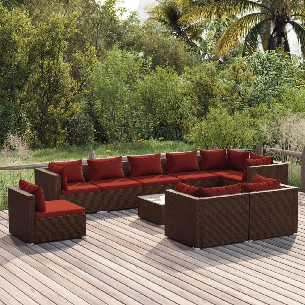 10 Piece Patio Lounge Set with Cushions Poly Rattan Brown