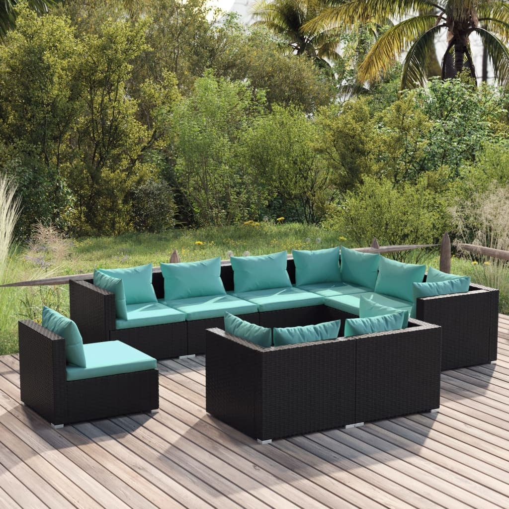 9 Piece Patio Lounge Set with Cushions Poly Rattan Black