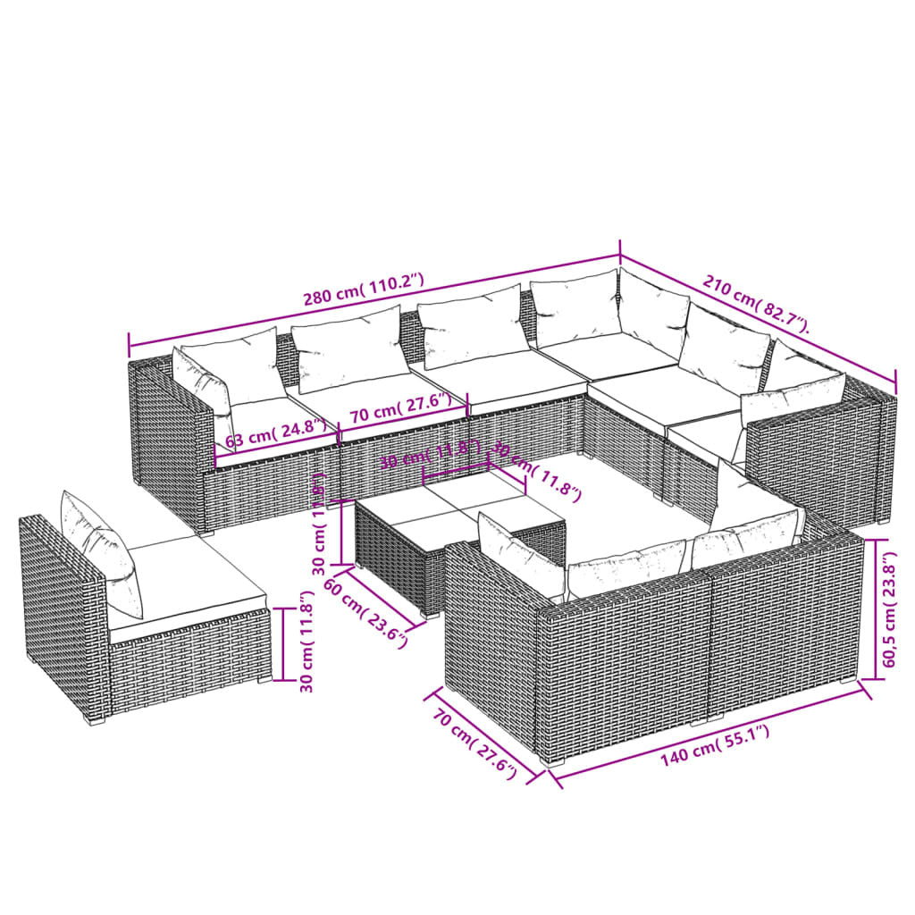 10 Piece Patio Lounge Set with Cushions Poly Rattan Brown