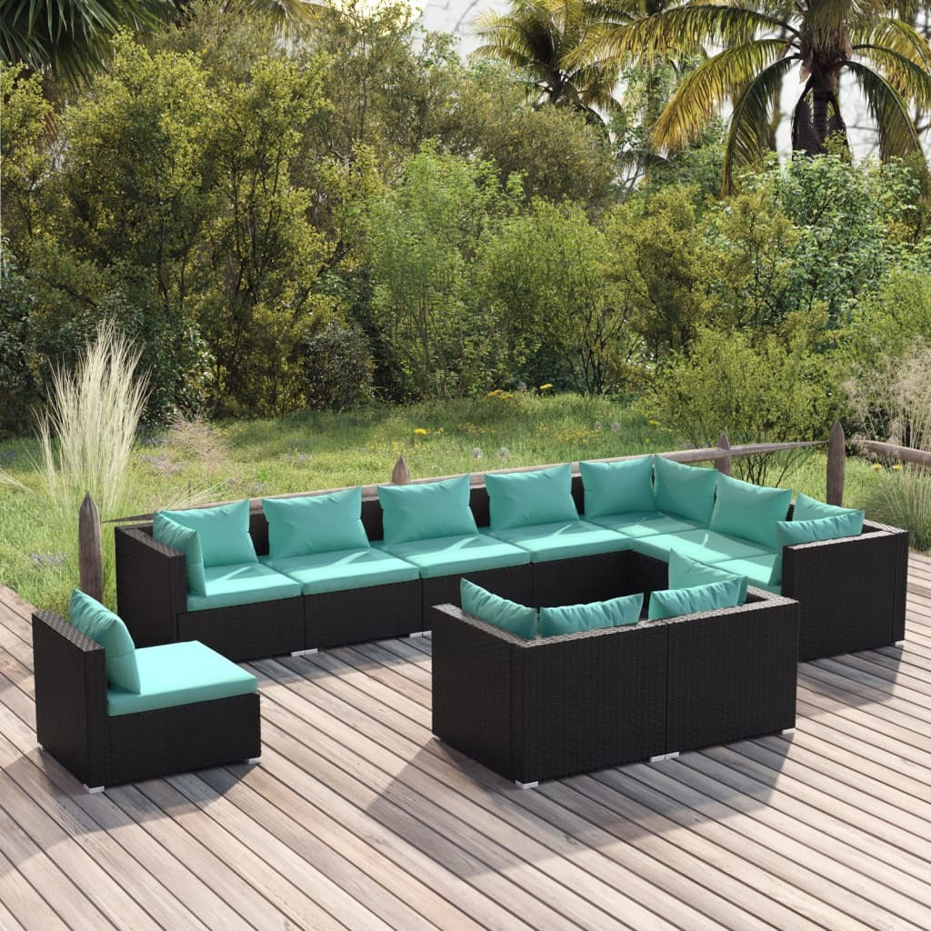 10 Piece Patio Lounge Set with Cushions Poly Rattan Black