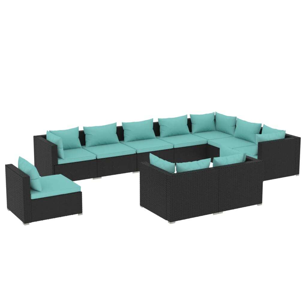 10 Piece Patio Lounge Set with Cushions Poly Rattan Black