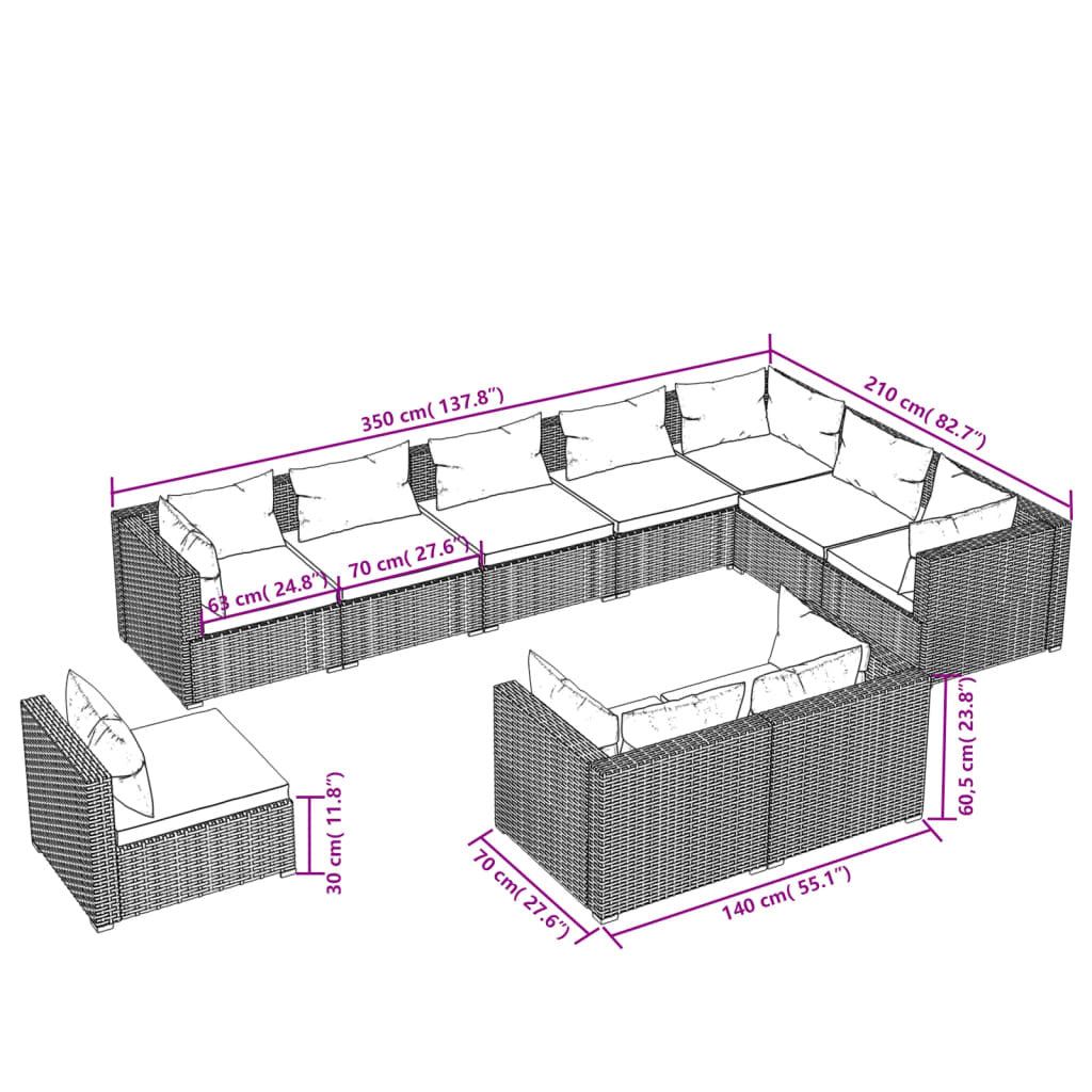 10 Piece Patio Lounge Set with Cushions Poly Rattan Black