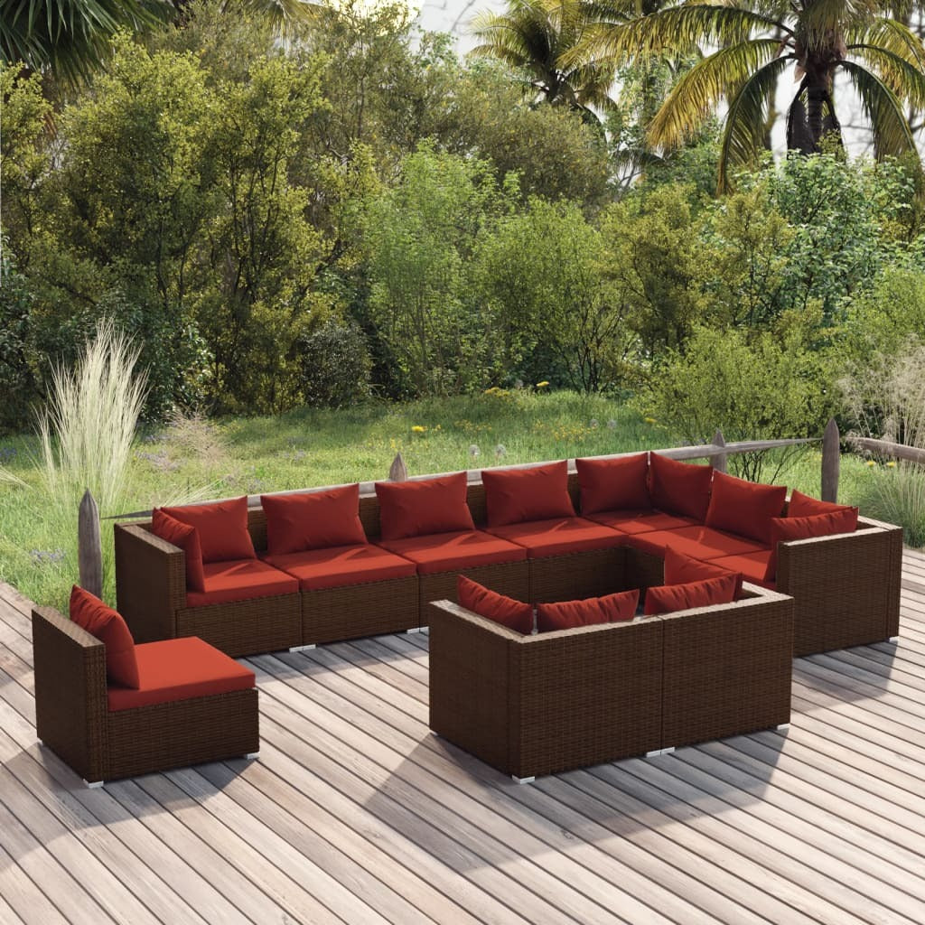 10 Piece Patio Lounge Set with Cushions Poly Rattan Brown