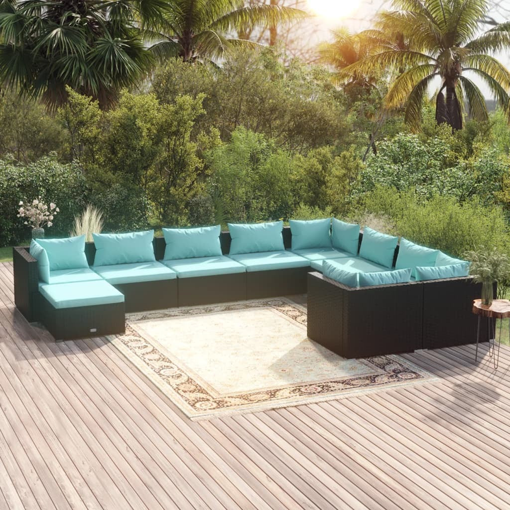 10 Piece Patio Lounge Set with Cushions Poly Rattan Black
