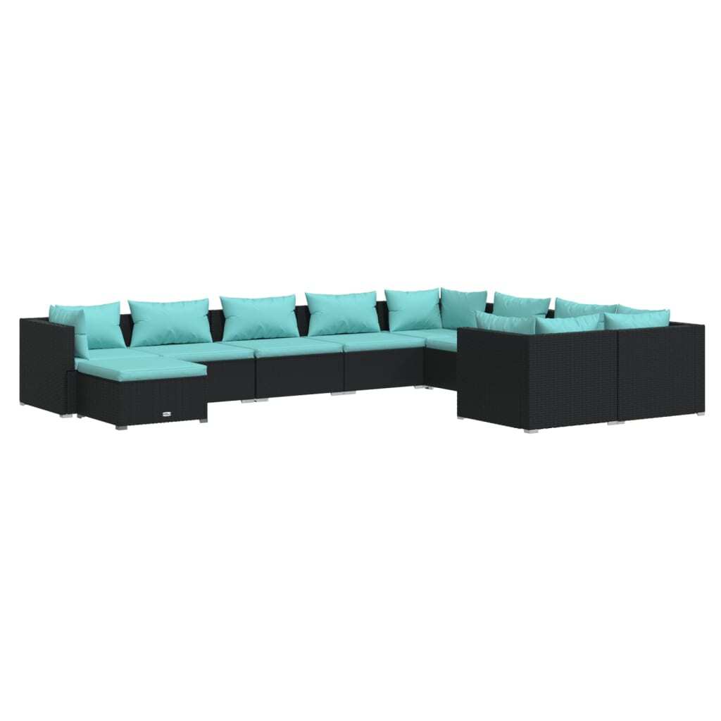 10 Piece Patio Lounge Set with Cushions Poly Rattan Black
