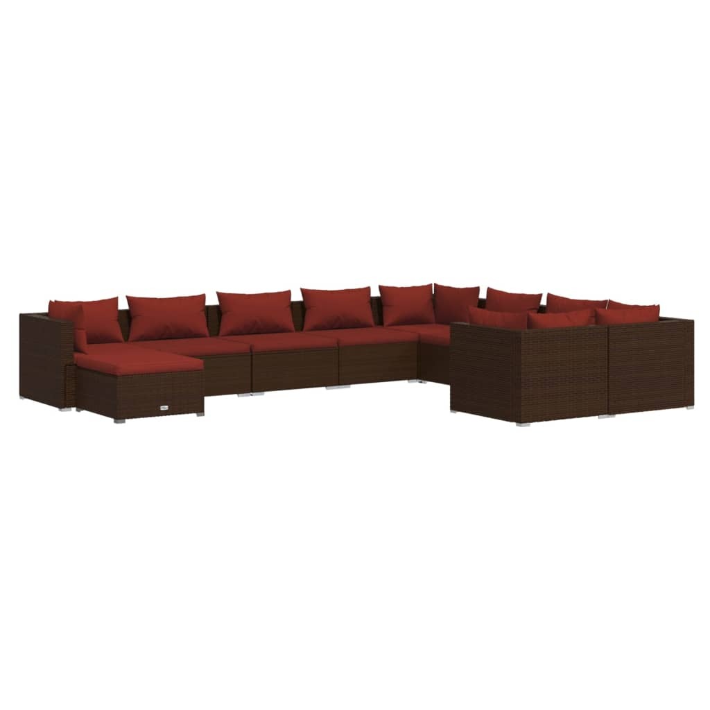 10 Piece Patio Lounge Set with Cushions Poly Rattan Brown