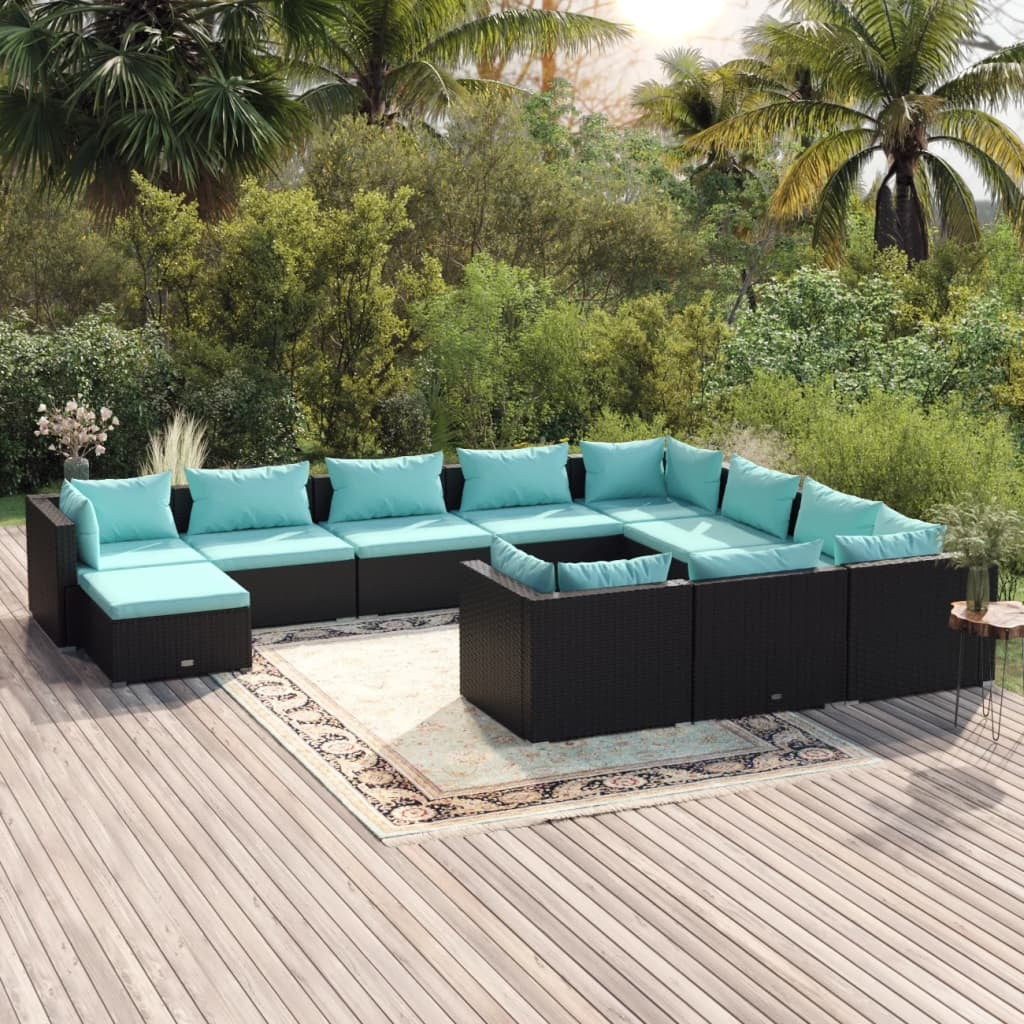 11 Piece Patio Lounge Set with Cushions Poly Rattan Black