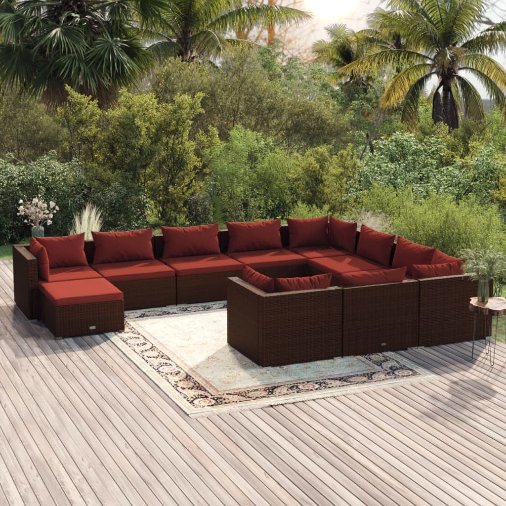 11 Piece Patio Lounge Set with Cushions Poly Rattan Brown