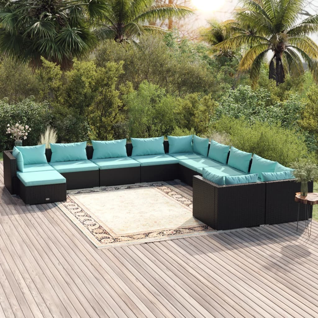 11 Piece Patio Lounge Set with Cushions Poly Rattan Black